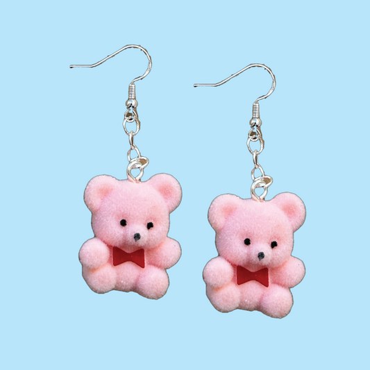 Vintage Pink Flocked Teddy Bear Earrings